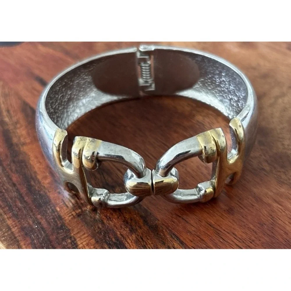 Vintage Two-tone Hinged Buckle Clamper Thick Cuff Bangle Bracelet